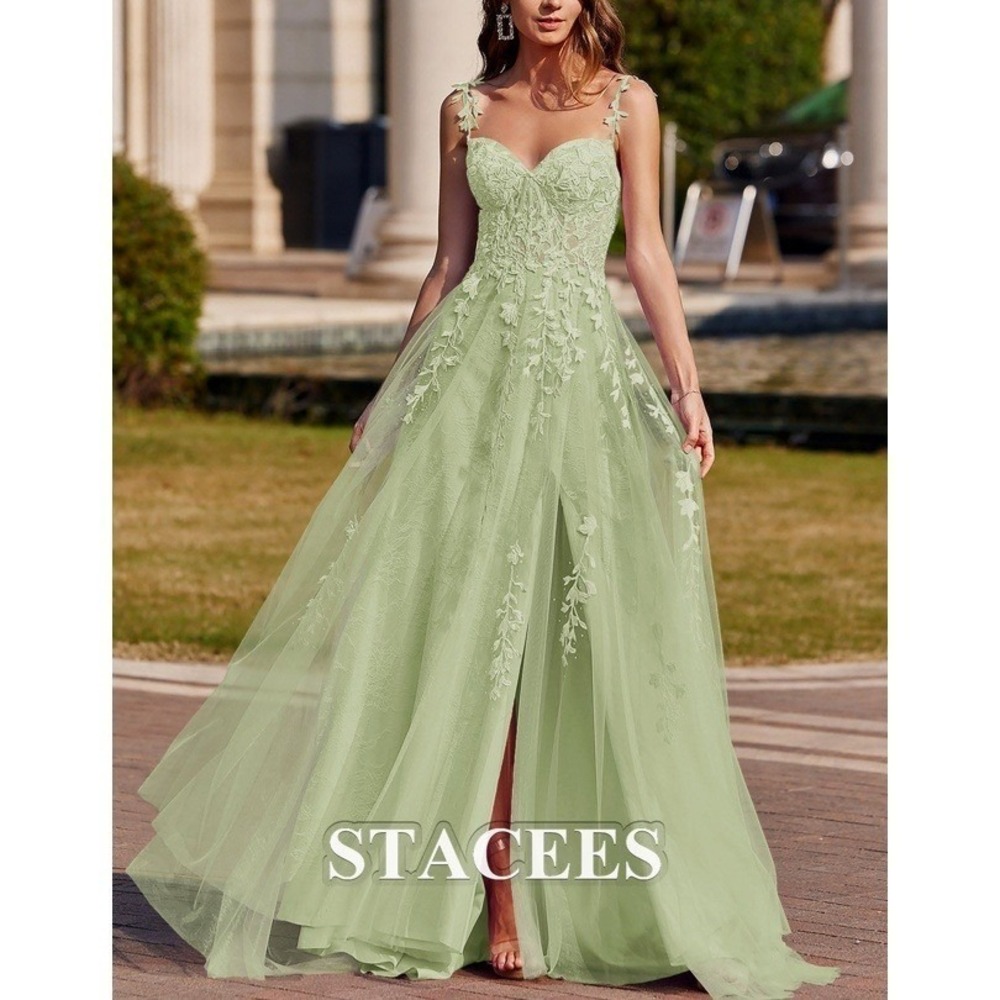 Stacees Women's Dusty Sage Appliqued Beaded Sweep Train‎ A-Line Prom Dress NWT 0